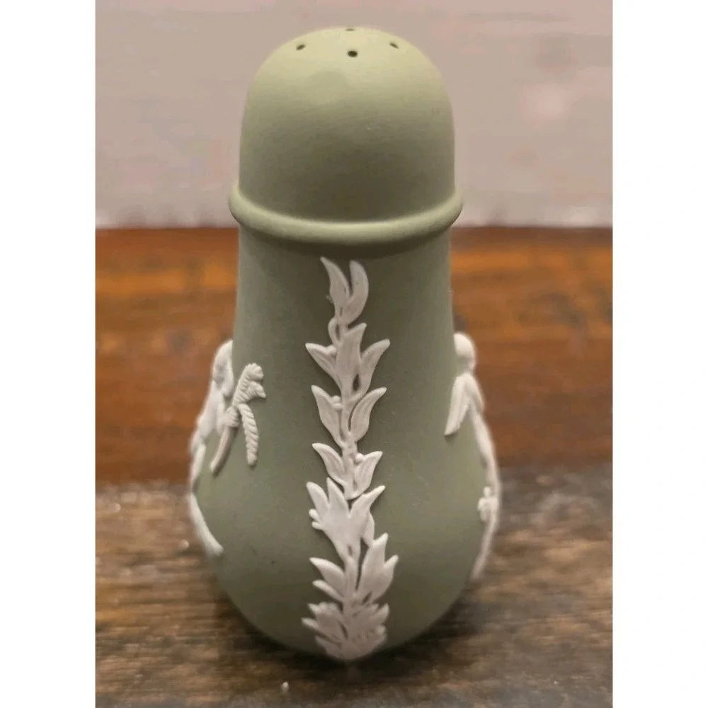 Vintage Wedgwood Jasperware Sage Green Salt & Pepper Shaker Set Cherub England